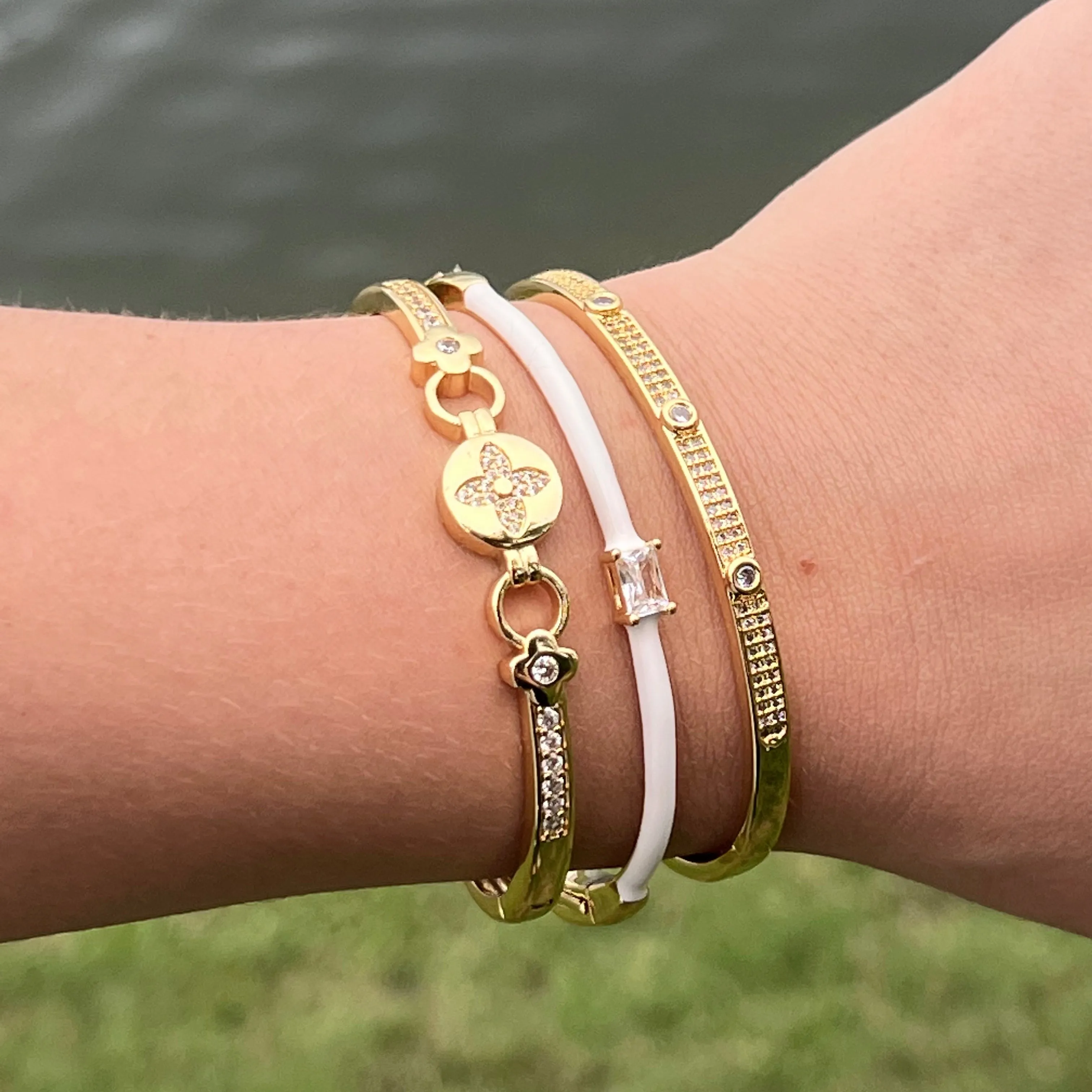 CZ Enamel Bangle Bracelet- Gold