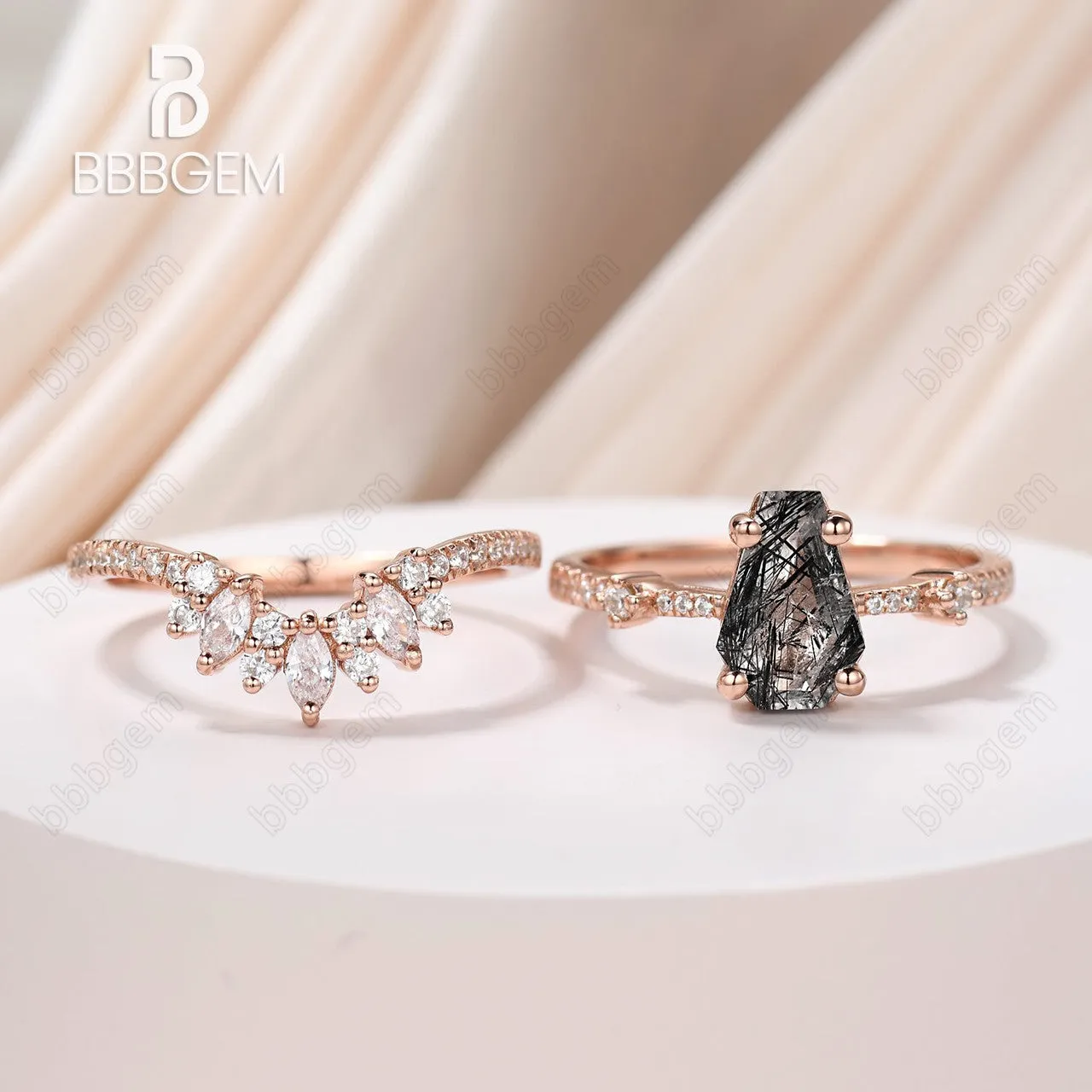 Dark Night Black Coffin Cut Wedding Ring Set Natural Rutilated Quartz Promise Bridal Set