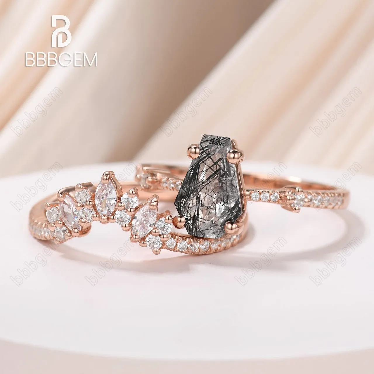 Dark Night Black Coffin Cut Wedding Ring Set Natural Rutilated Quartz Promise Bridal Set