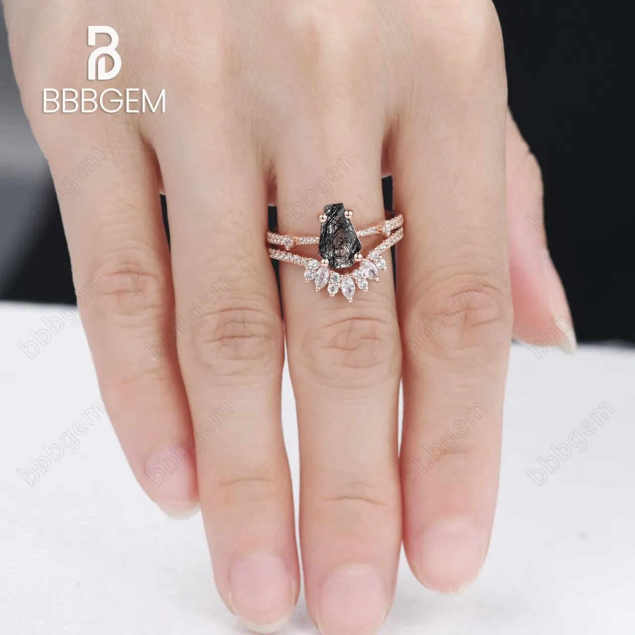 Dark Night Black Coffin Cut Wedding Ring Set Natural Rutilated Quartz Promise Bridal Set