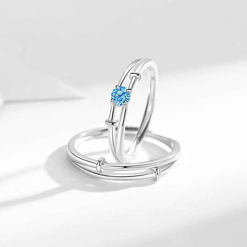 Double Layer Starry Companion Blue CZ Matching Rings in 925 Silver
