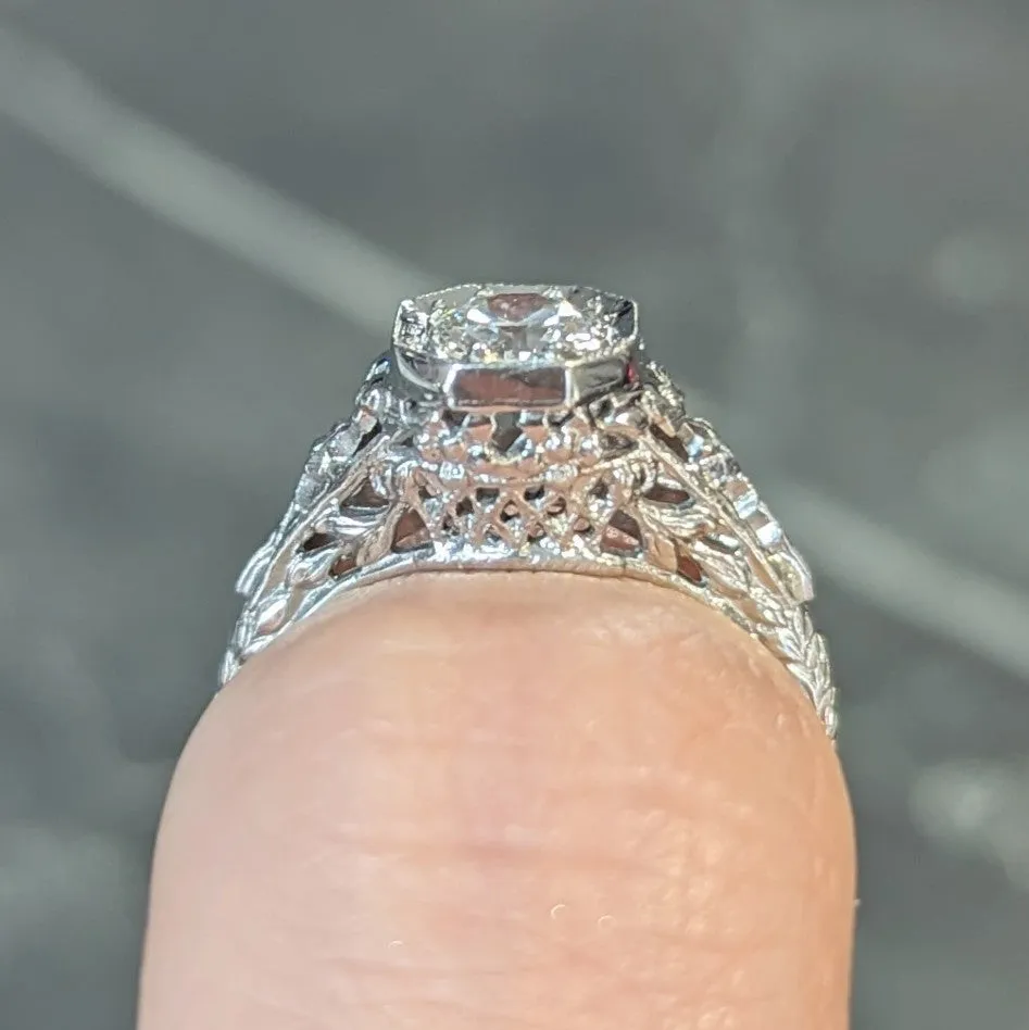 Edwardian 0.45 CTW Old European Diamond Platinum Bow Basket Antique Engagement Ring
