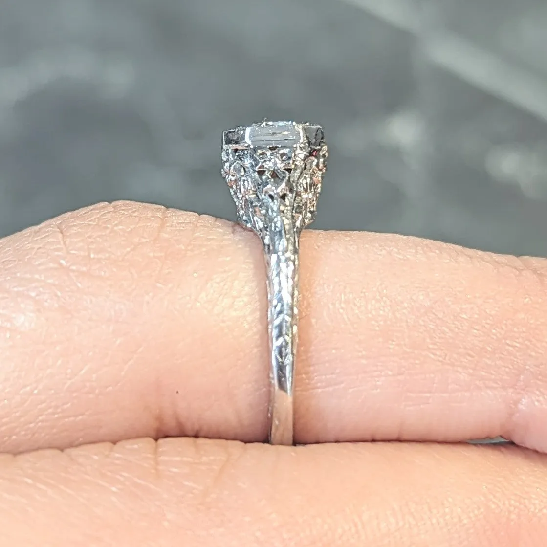 Edwardian 0.45 CTW Old European Diamond Platinum Bow Basket Antique Engagement Ring