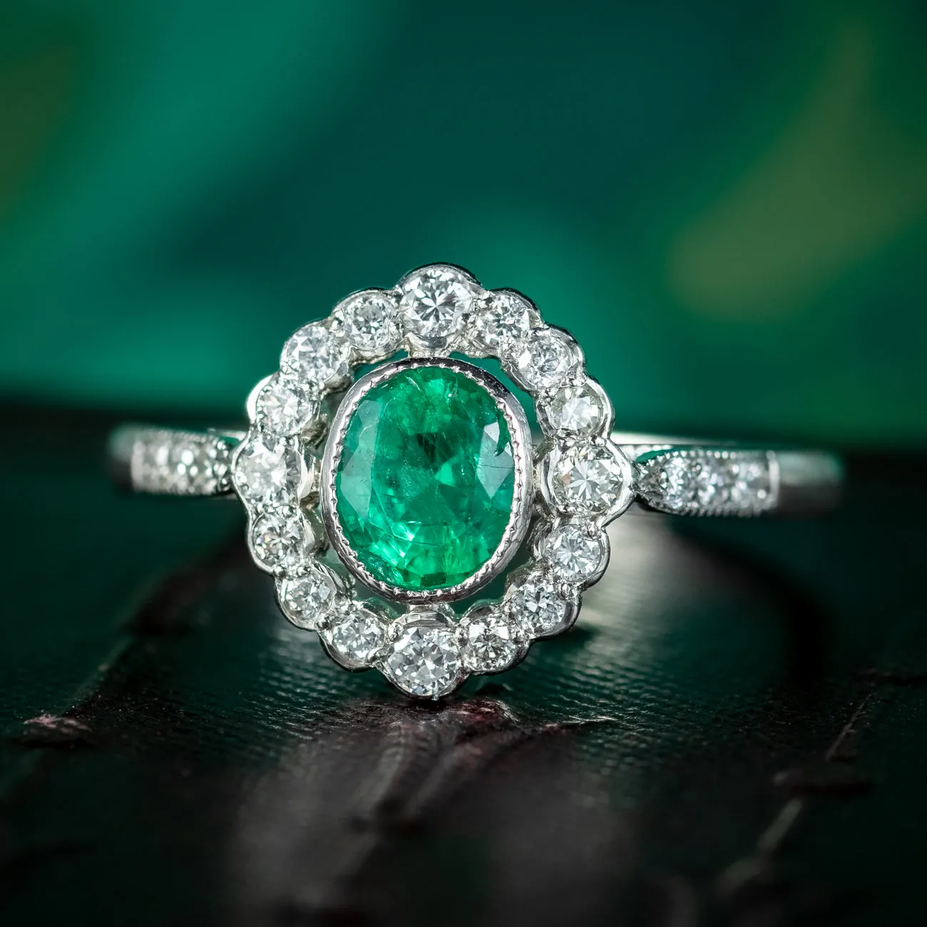 Edwardian Style Emerald Diamond Cluster Ring 0.70ct Emerald
