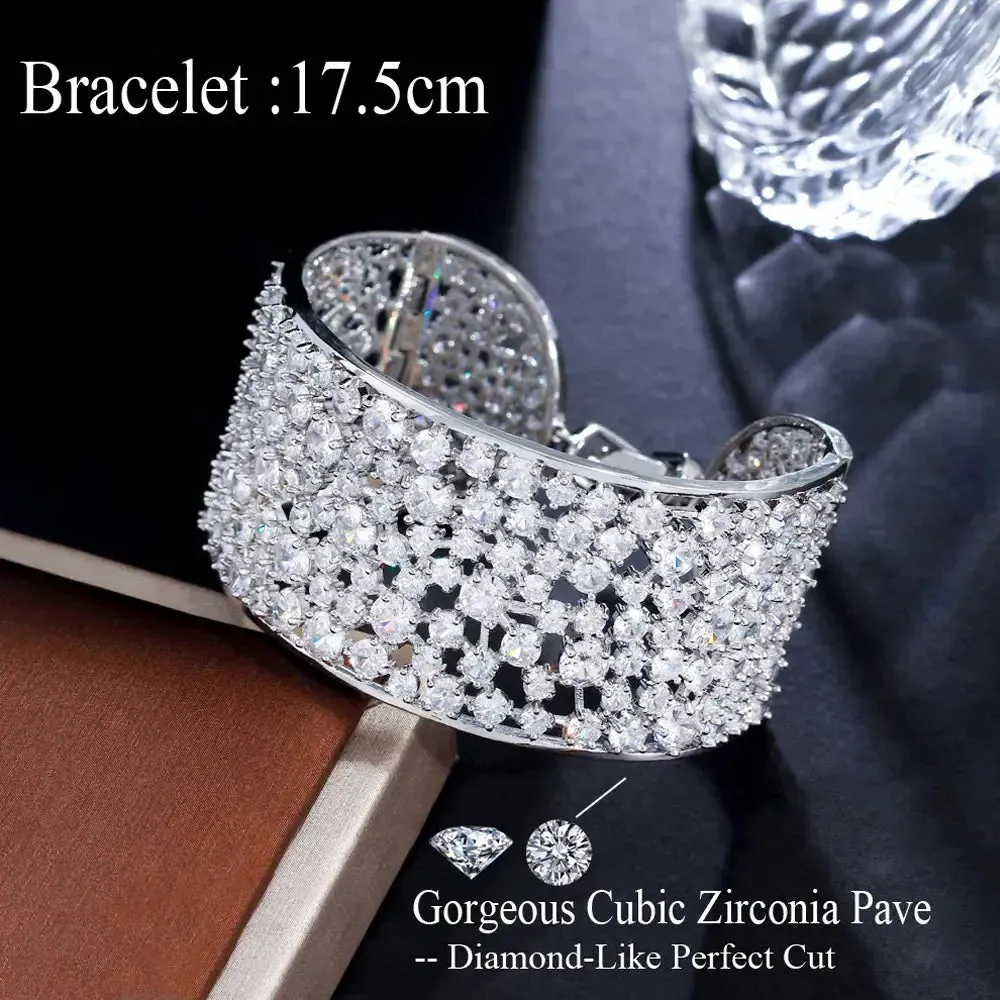 Elegant Shiny Cubic Zirconia Silver Color Luxury Big Wide Bridal Wedding Bangle Bracelet for Women Jewelry