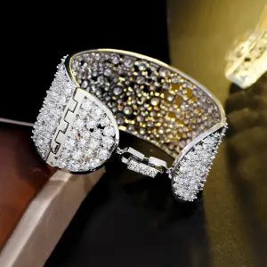 Elegant Shiny Cubic Zirconia Silver Color Luxury Big Wide Bridal Wedding Bangle Bracelet for Women Jewelry