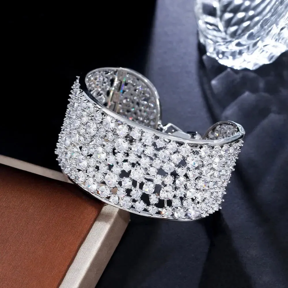 Elegant Shiny Cubic Zirconia Silver Color Luxury Big Wide Bridal Wedding Bangle Bracelet for Women Jewelry
