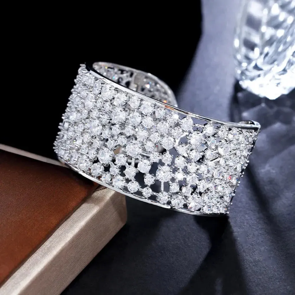 Elegant Shiny Cubic Zirconia Silver Color Luxury Big Wide Bridal Wedding Bangle Bracelet for Women Jewelry