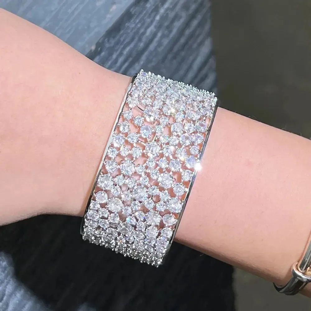 Elegant Shiny Cubic Zirconia Silver Color Luxury Big Wide Bridal Wedding Bangle Bracelet for Women Jewelry