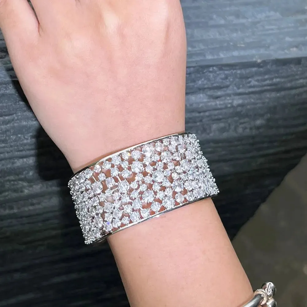Elegant Shiny Cubic Zirconia Silver Color Luxury Big Wide Bridal Wedding Bangle Bracelet for Women Jewelry
