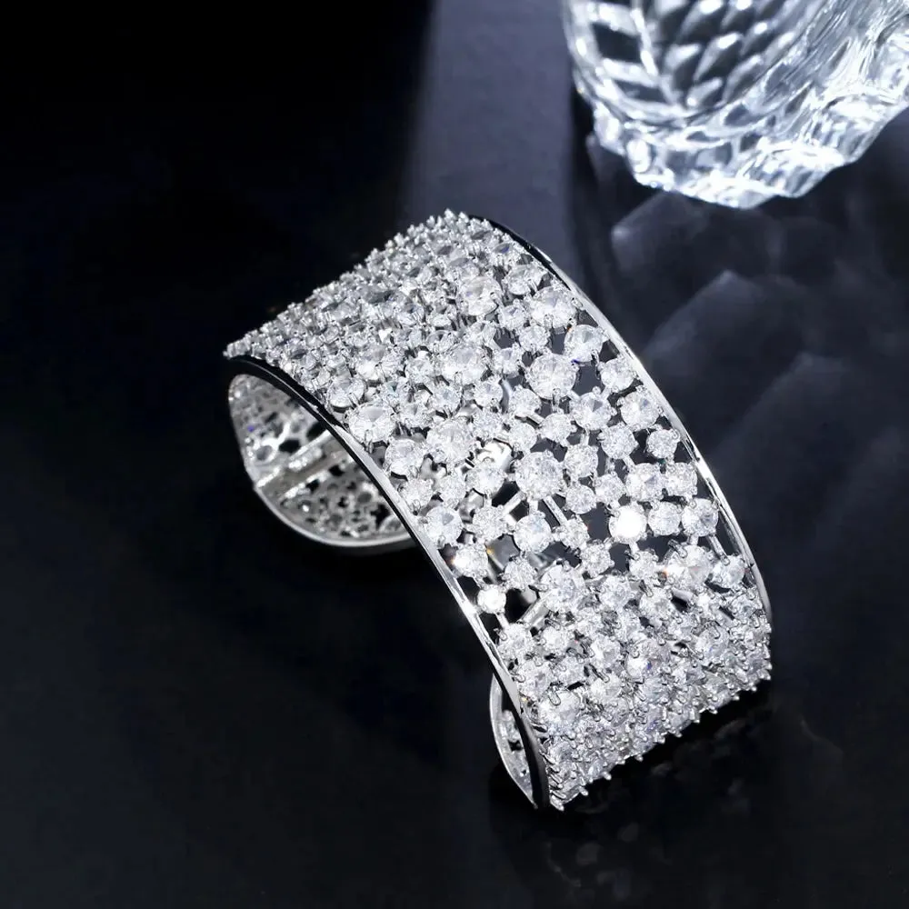 Elegant Shiny Cubic Zirconia Silver Color Luxury Big Wide Bridal Wedding Bangle Bracelet for Women Jewelry