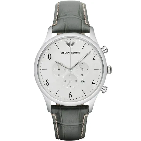 Emporio Armani Classic Black Leather Strap Silver Dial Chronograph Quartz Watch for Gents - AR1861