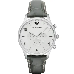 Emporio Armani Classic Black Leather Strap Silver Dial Chronograph Quartz Watch for Gents - AR1861