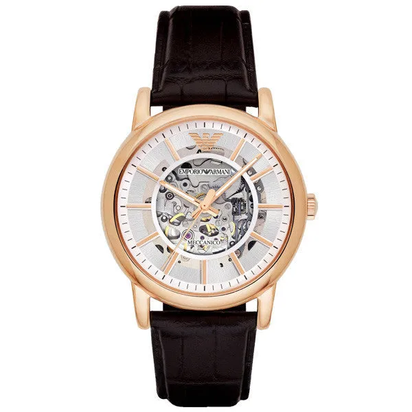 Emporio Armani Meccanico Brown Leather Strap Skeleton Dial Automatic Watch for Gents - AR1983