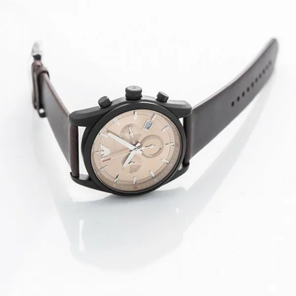 EMPORIO ARMANI Sportivo Dark Brown Leather Strap Beige Sunray Dial Chronograph Quartz Watch for Gents - AR6078