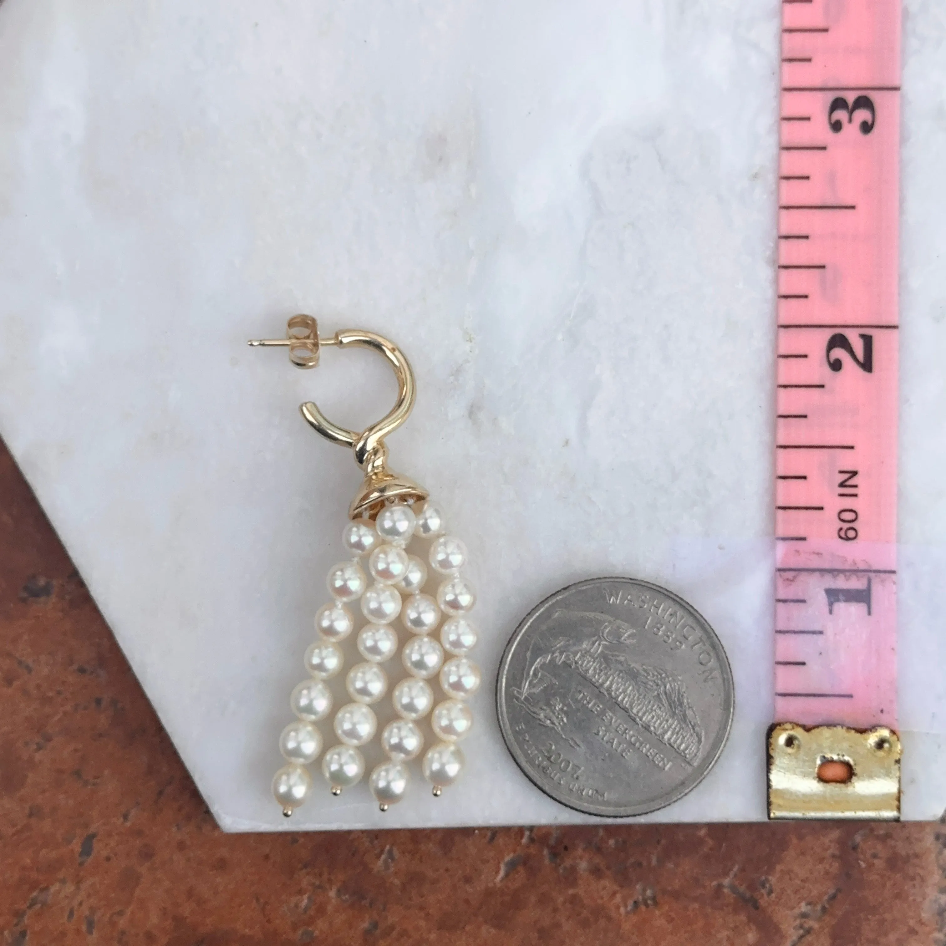 Estate 14KT Yellow Gold Cultured Seed Pearl Tassel Hoop Earrings