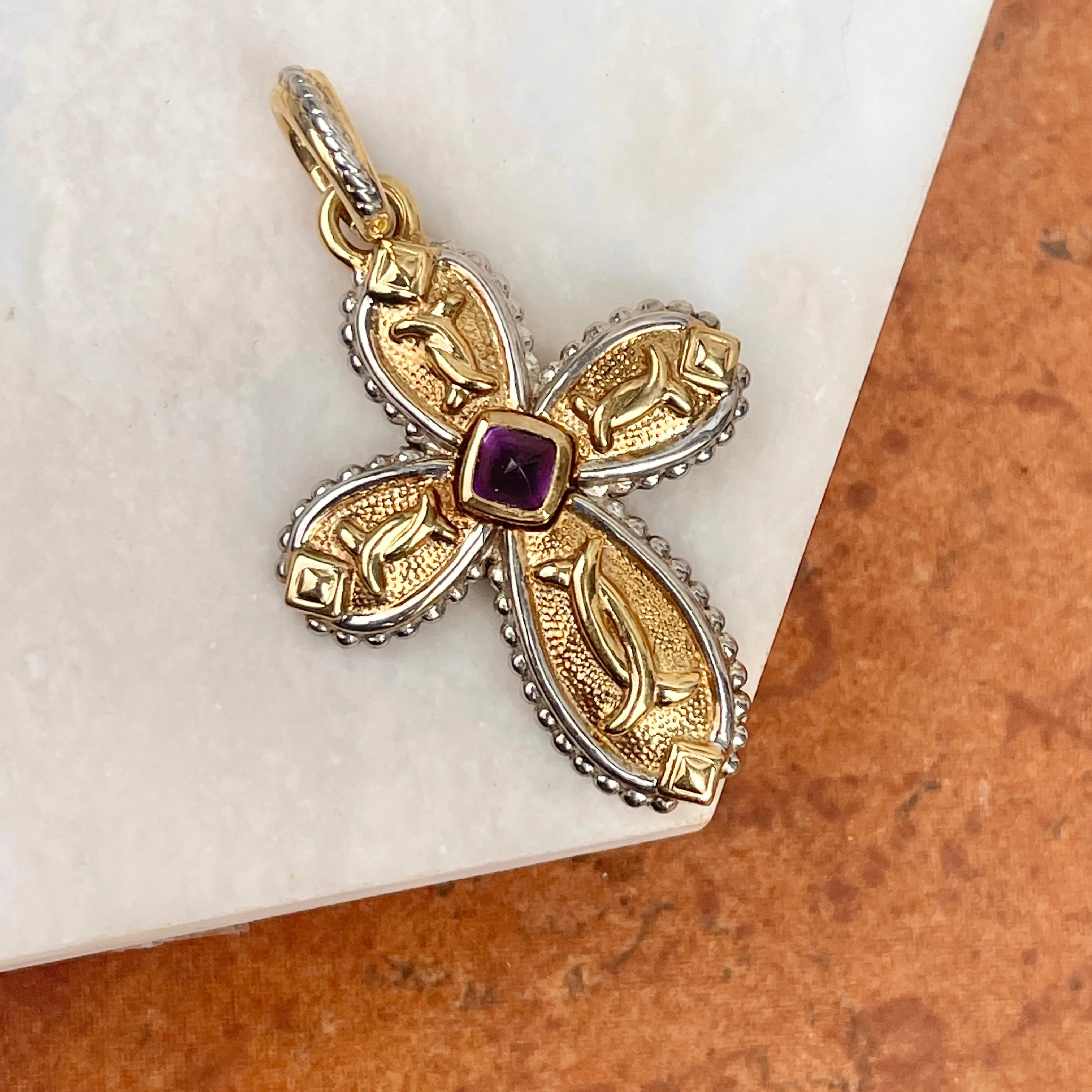 Estate 14KT Yellow Gold   White Gold Byzantine Amethyst Cross Pendant Enhancer