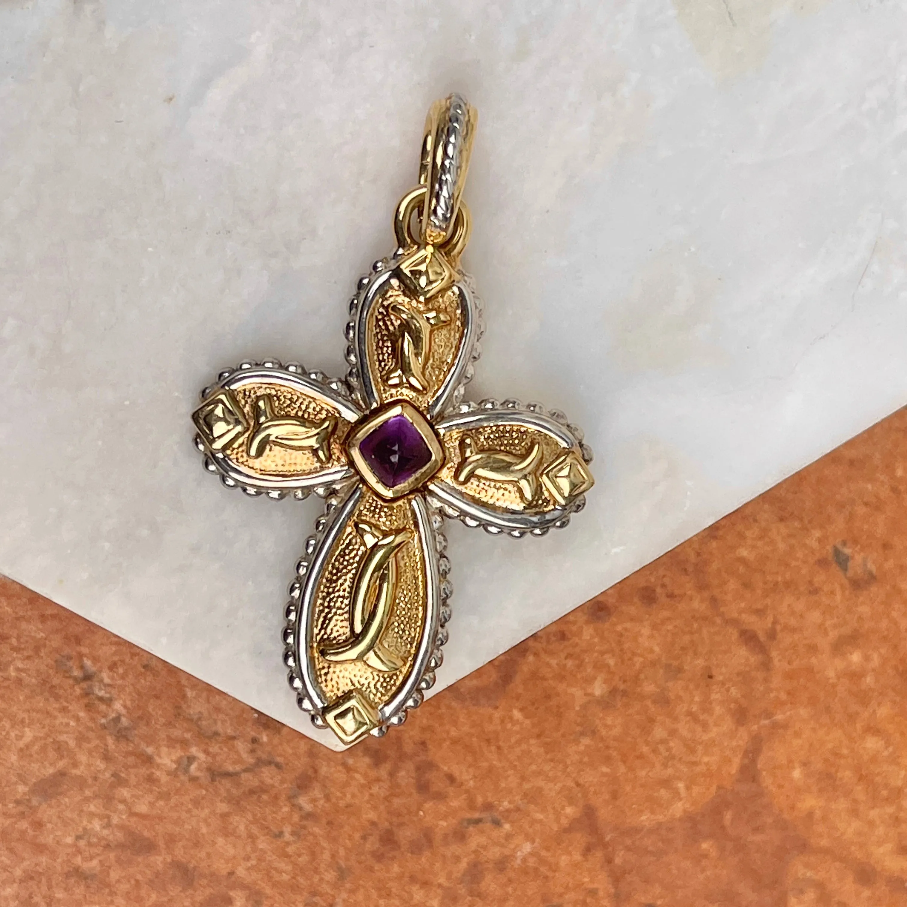 Estate 14KT Yellow Gold   White Gold Byzantine Amethyst Cross Pendant Enhancer