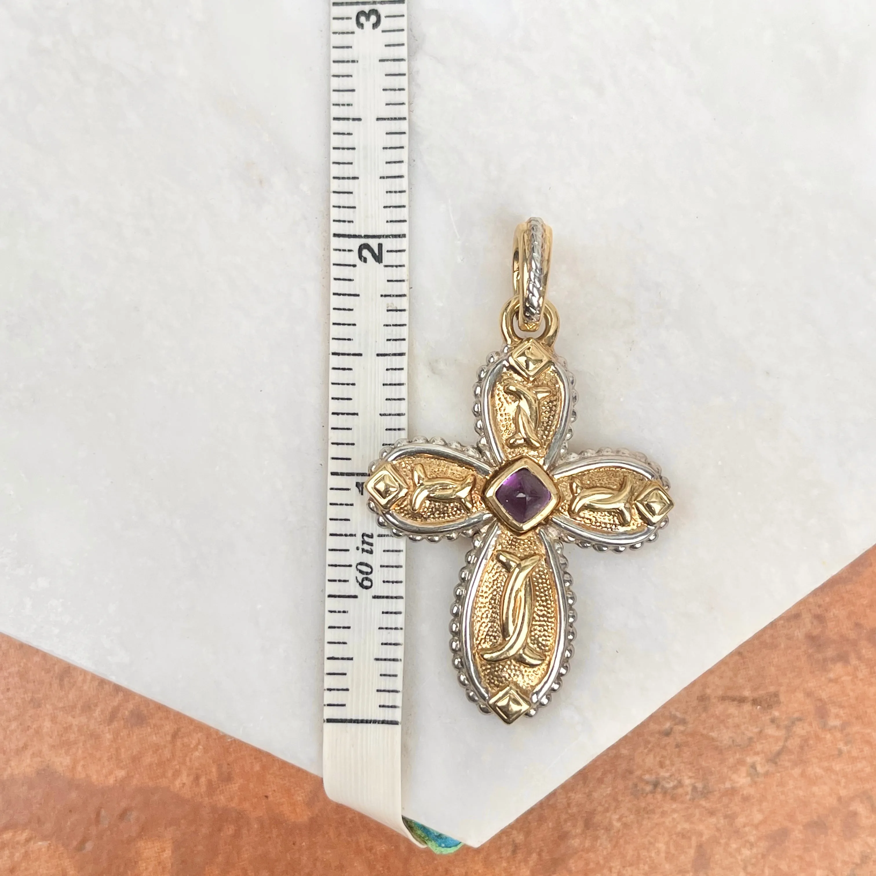 Estate 14KT Yellow Gold   White Gold Byzantine Amethyst Cross Pendant Enhancer