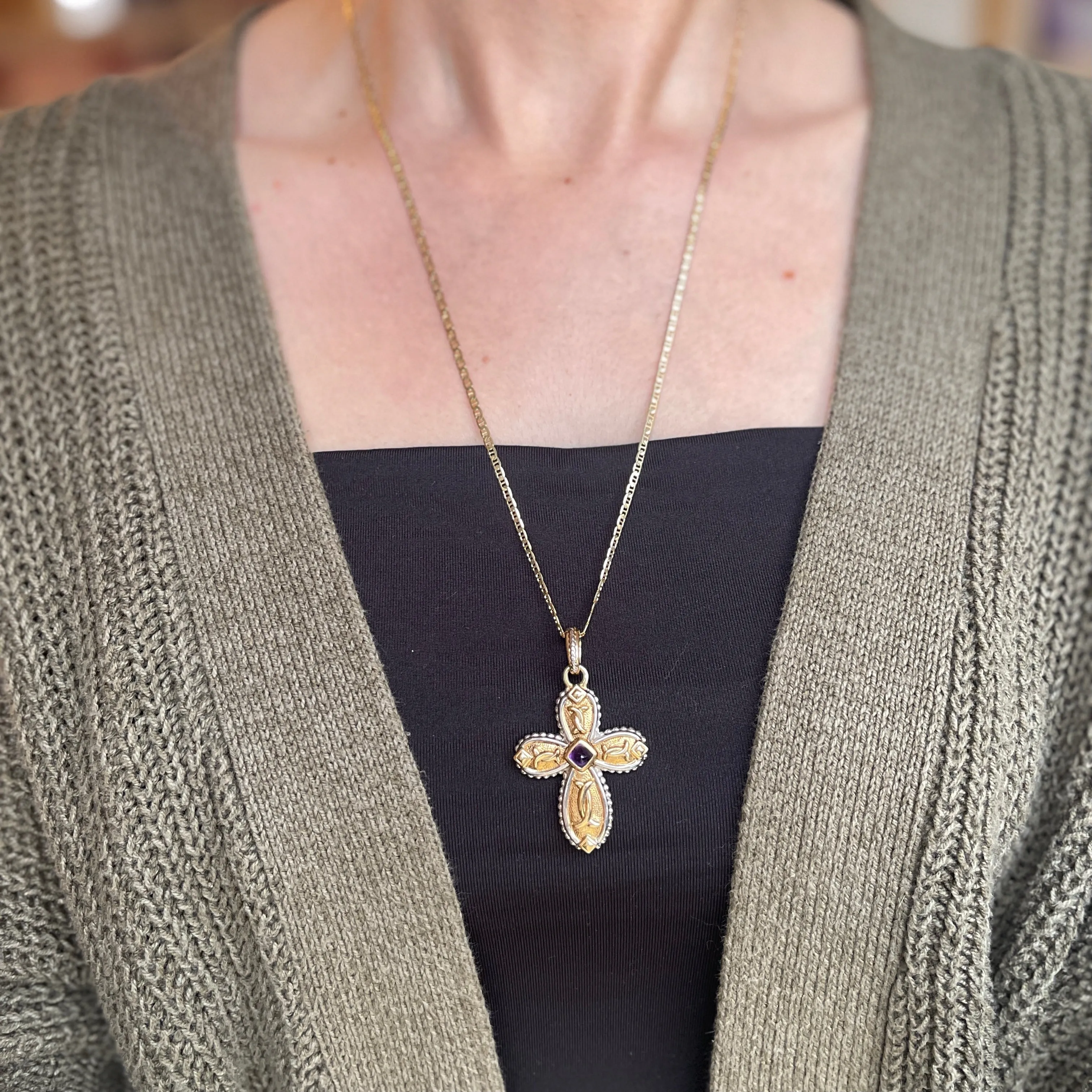 Estate 14KT Yellow Gold   White Gold Byzantine Amethyst Cross Pendant Enhancer
