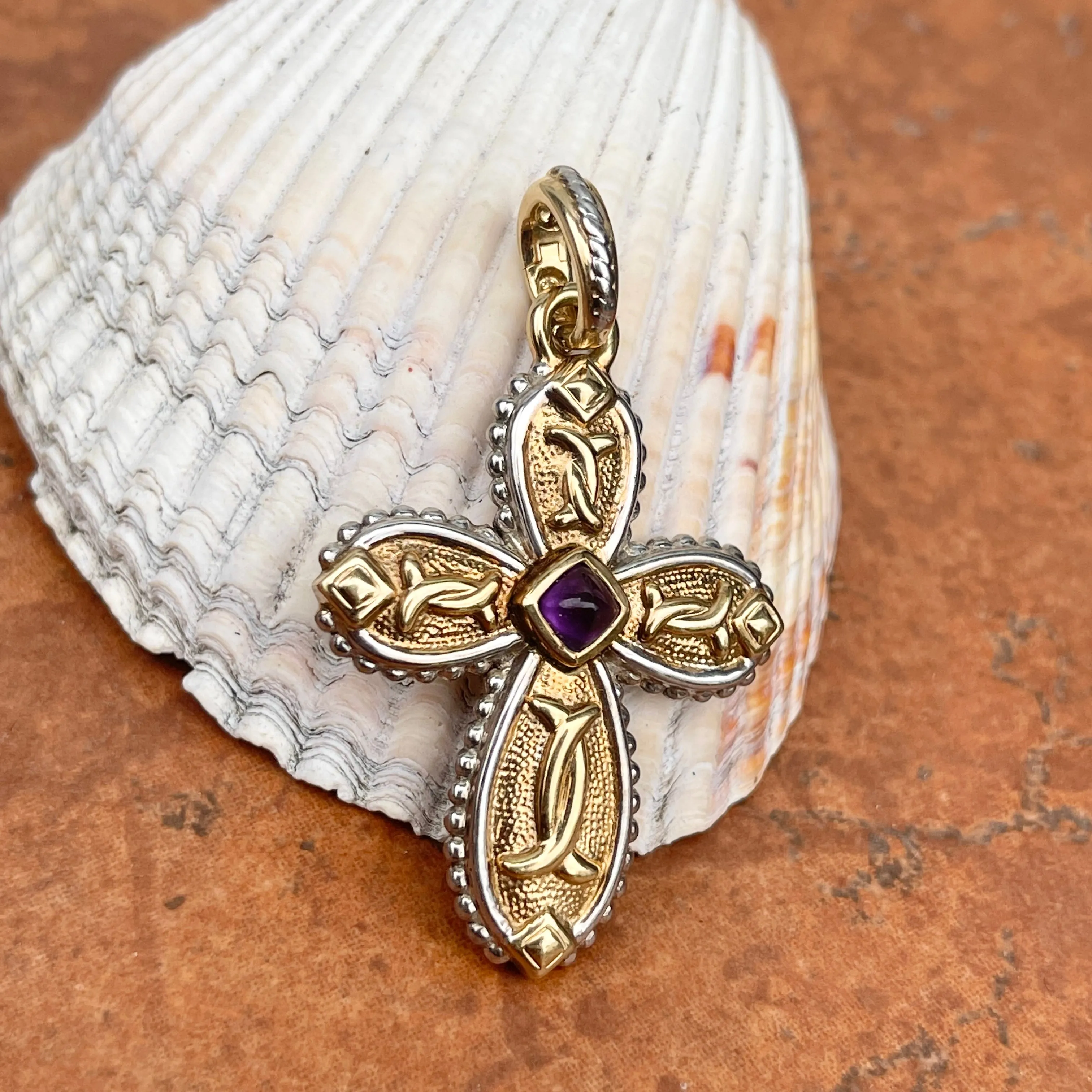 Estate 14KT Yellow Gold   White Gold Byzantine Amethyst Cross Pendant Enhancer