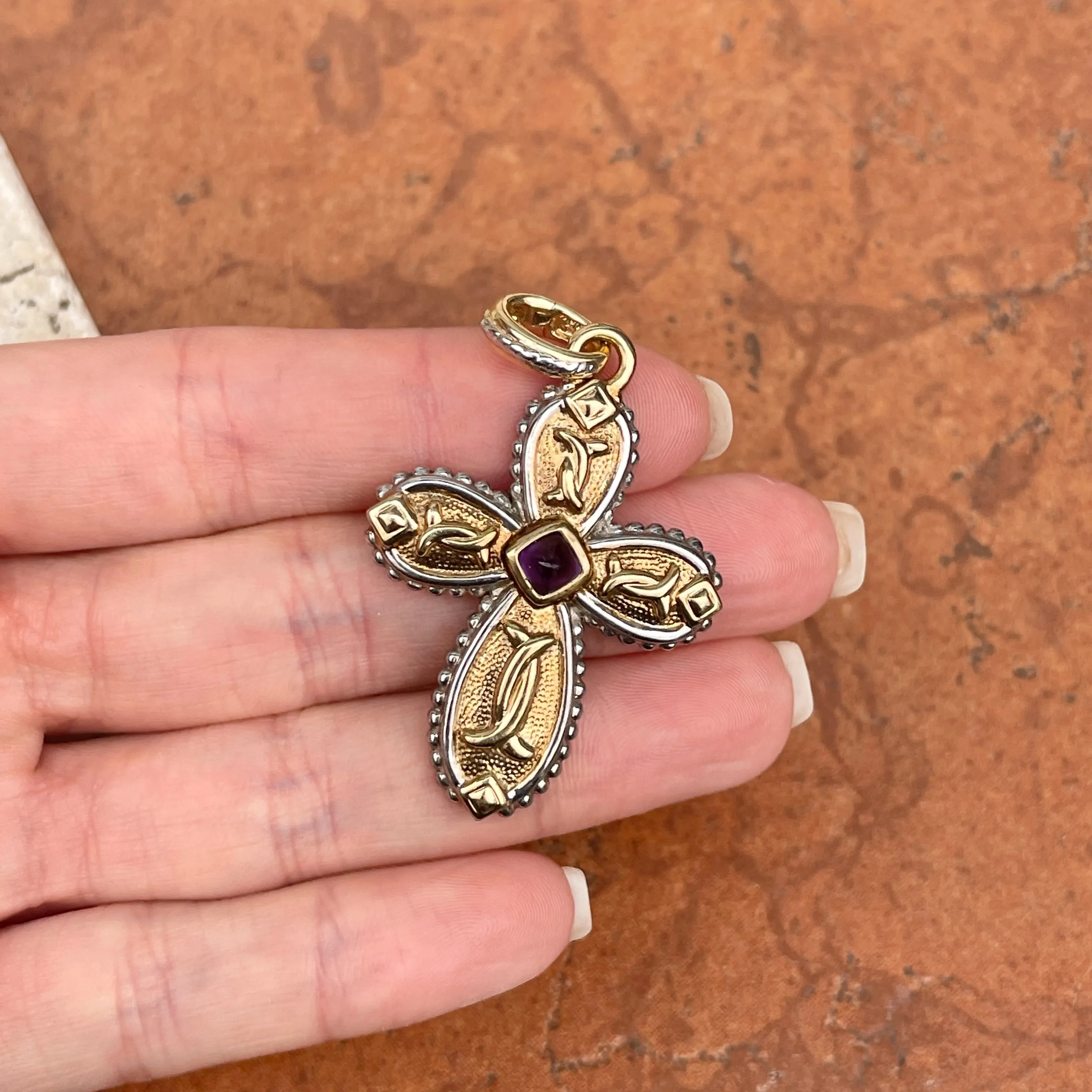 Estate 14KT Yellow Gold   White Gold Byzantine Amethyst Cross Pendant Enhancer