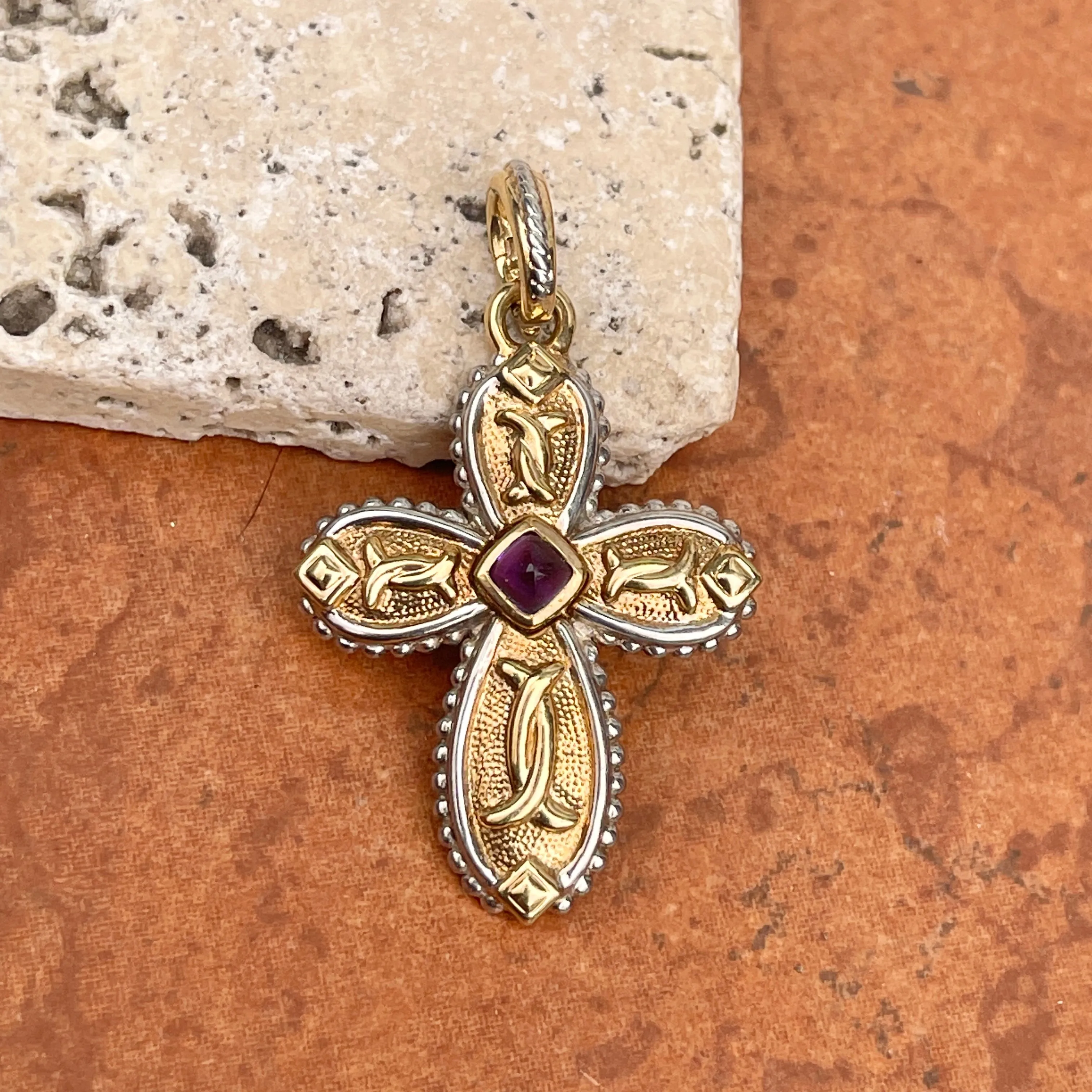 Estate 14KT Yellow Gold   White Gold Byzantine Amethyst Cross Pendant Enhancer