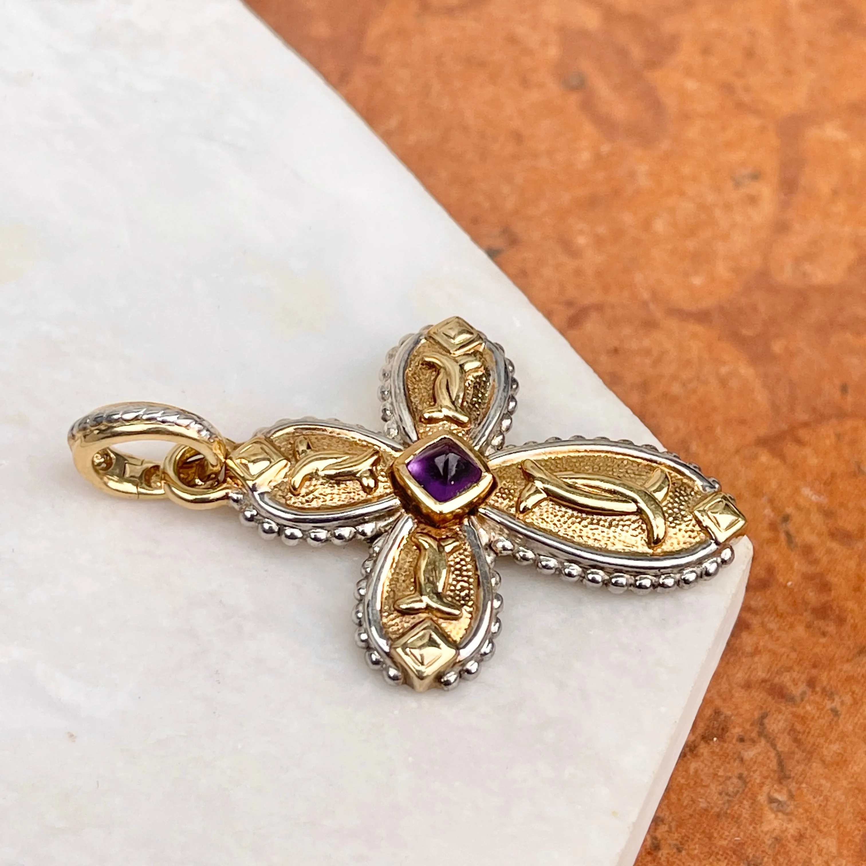 Estate 14KT Yellow Gold   White Gold Byzantine Amethyst Cross Pendant Enhancer