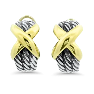 Estate David Yurman Sterling Silver and 14k Yellow Gold "X" J-Hoop Earrings