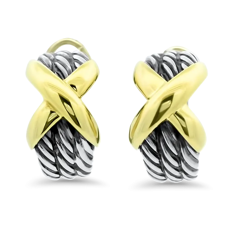 Estate David Yurman Sterling Silver and 14k Yellow Gold "X" J-Hoop Earrings