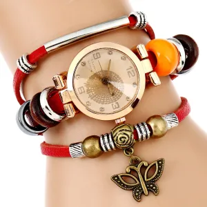 Ethnic Leather Strap Quartz Watches With Butterfly Pendants