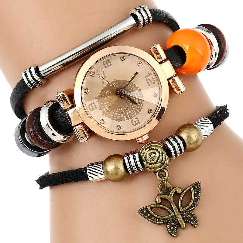 Ethnic Leather Strap Quartz Watches With Butterfly Pendants