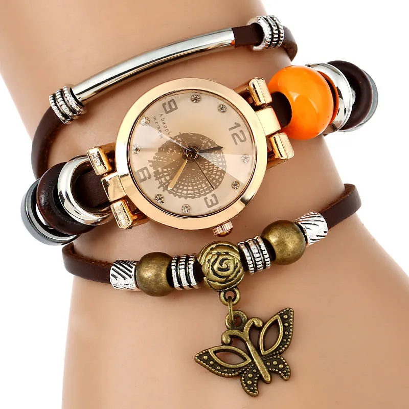 Ethnic Leather Strap Quartz Watches With Butterfly Pendants