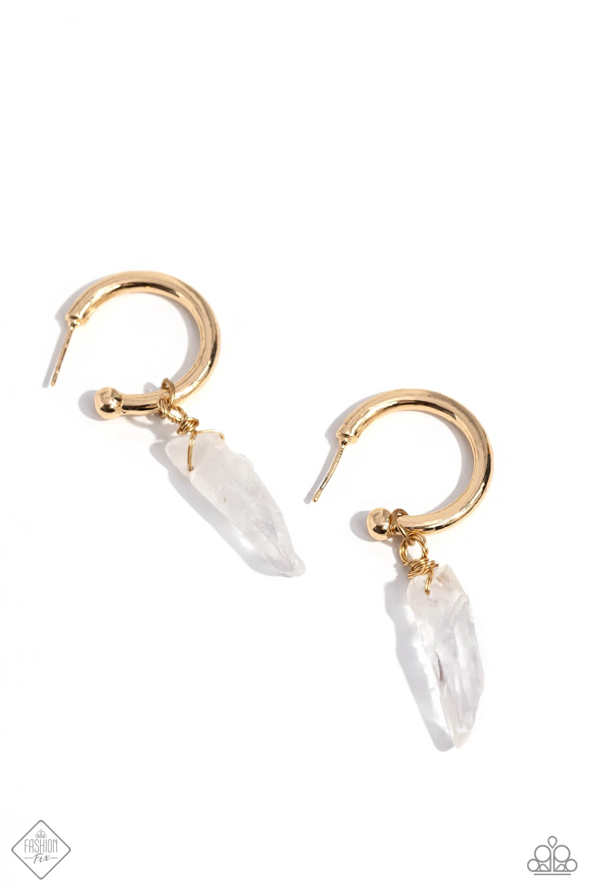 Excavated Elegance - Gold - White Stone Paparazzi Drop Hoop Earrings - January 2024 Simply Santa Fe