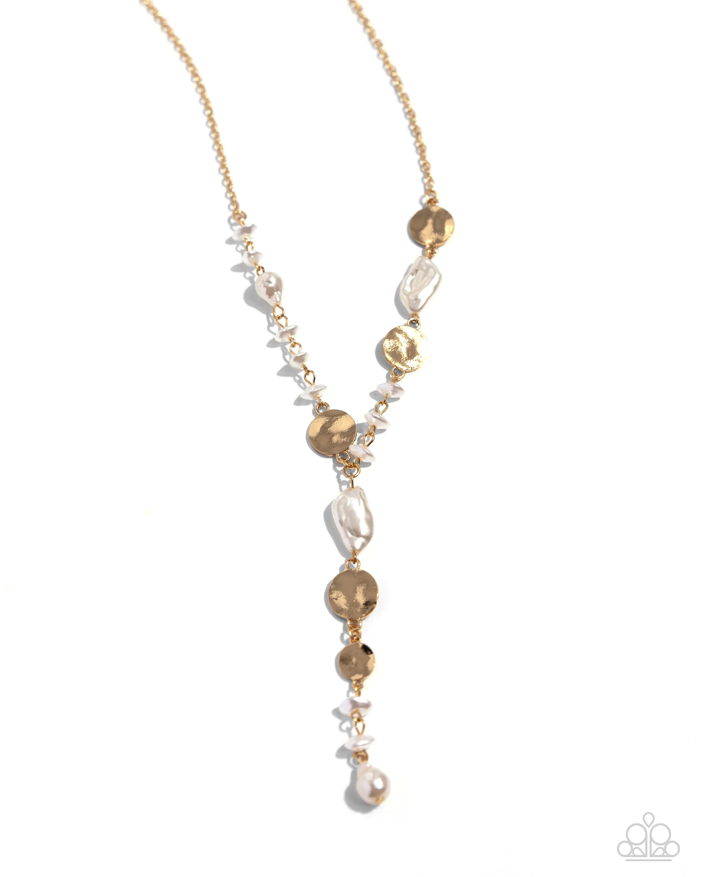Executive Expression - Gold - Hammered Disc and White Pearl Y-Shaped Paparazzi Short Necklace
