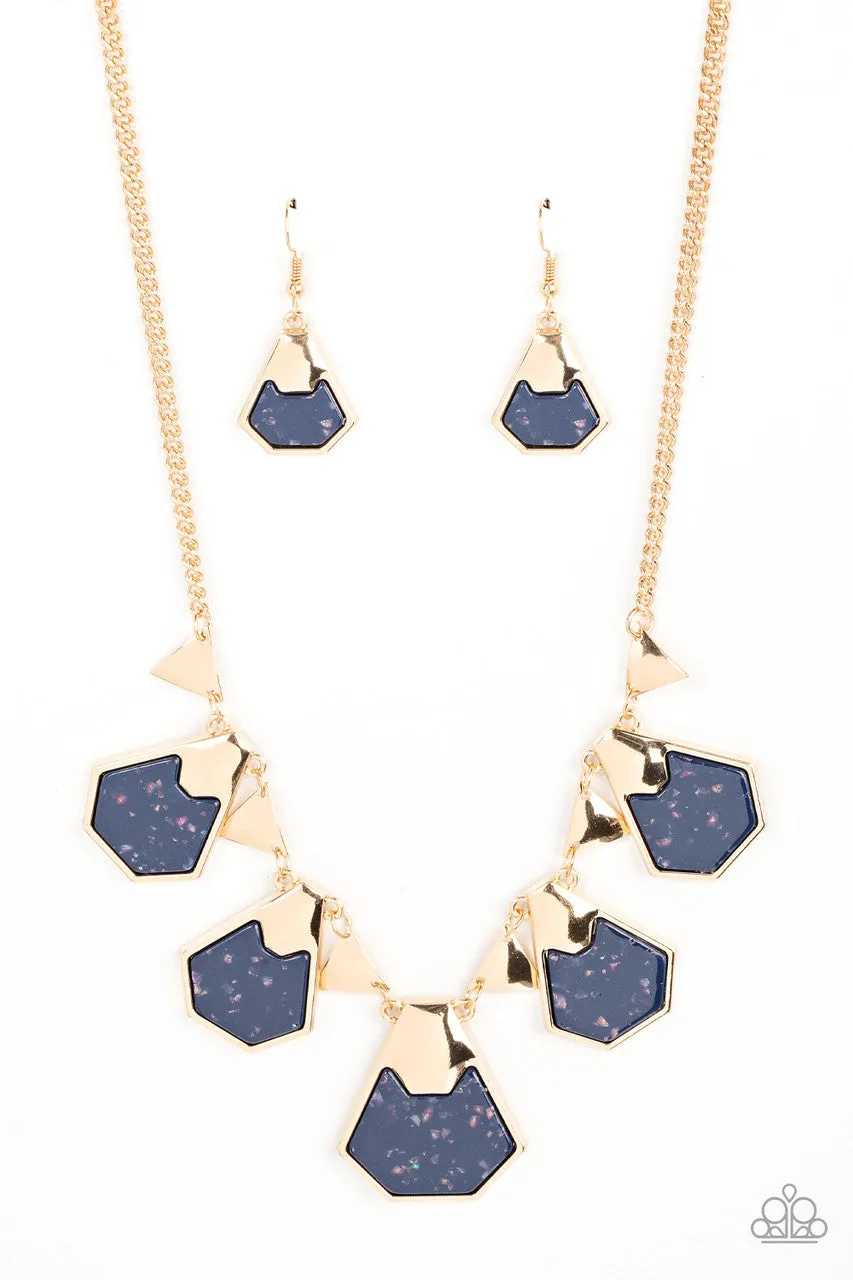 Extra Exclusive - Blue - Geometric Shell-Like Acrylic Frame Gold Paparazzi Short Necklace