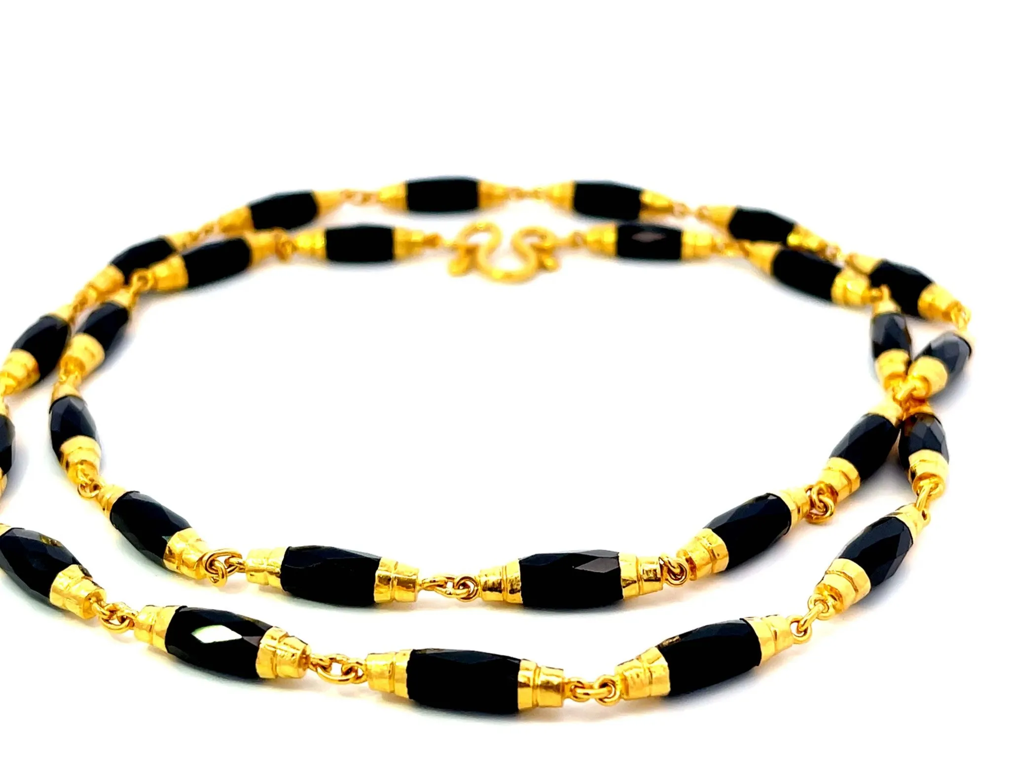Faceted Black Onyx Gold Beaded Necklace 22k Yellow Gold