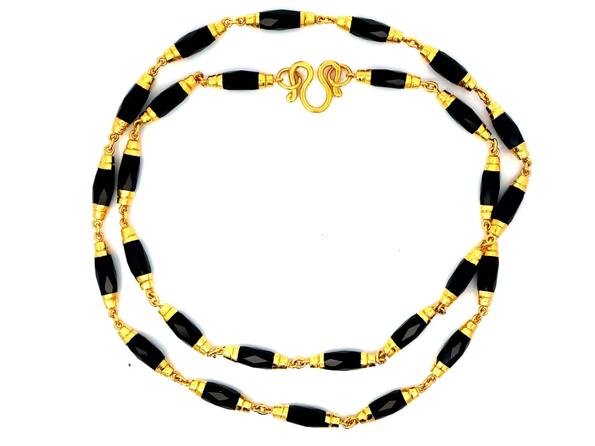 Faceted Black Onyx Gold Beaded Necklace 22k Yellow Gold