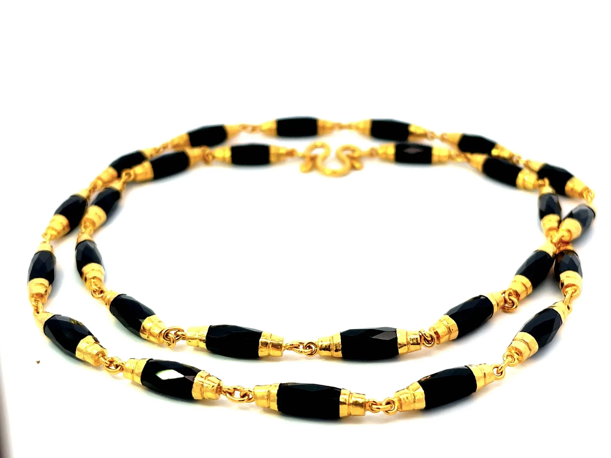 Faceted Black Onyx Gold Beaded Necklace 22k Yellow Gold