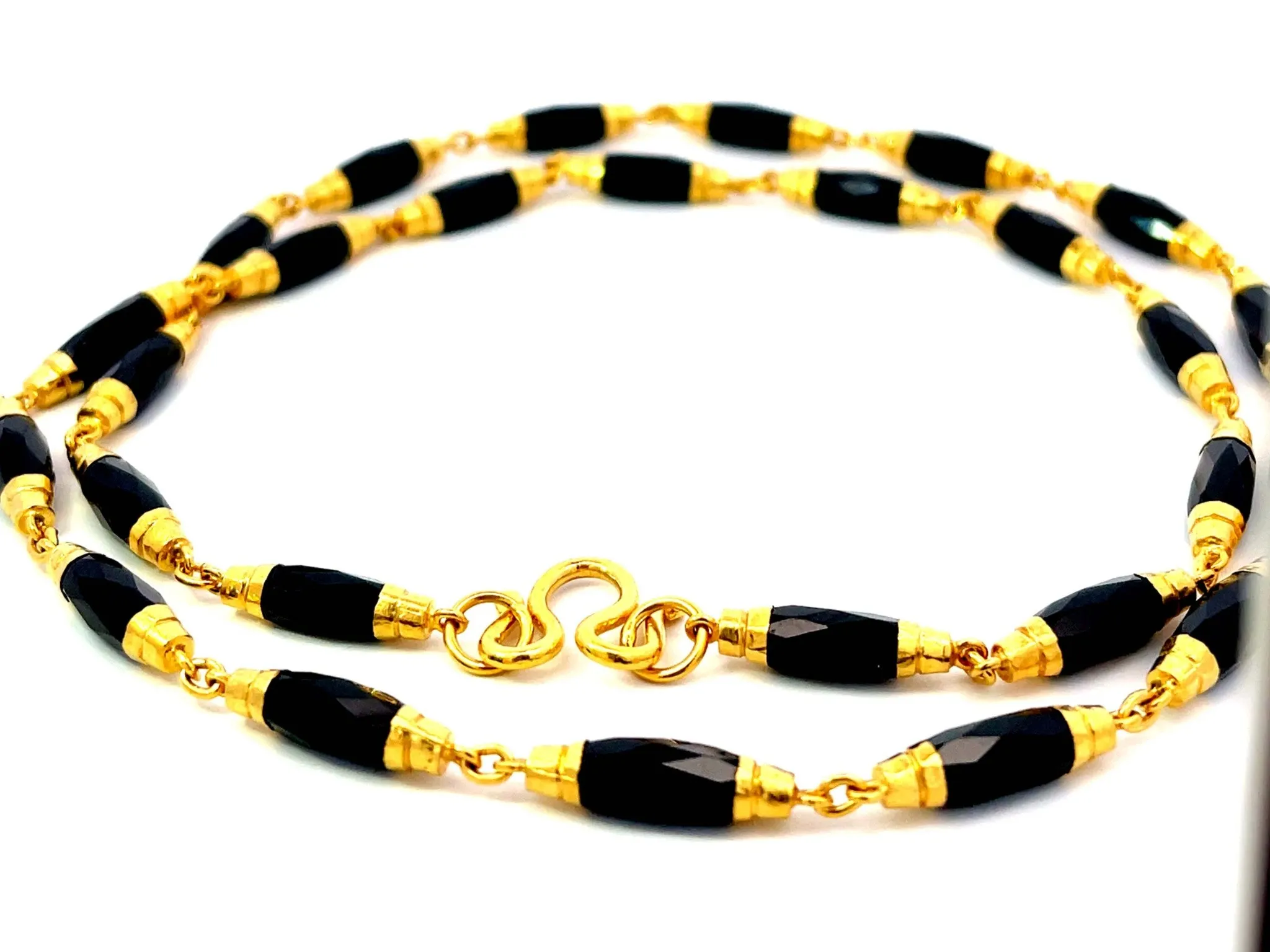 Faceted Black Onyx Gold Beaded Necklace 22k Yellow Gold