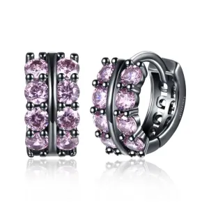 Fashion Double Row Black Gun Color Hoop Earrings with Pink Cubic Zirconia for Women, Party Gift Accessorise for Her