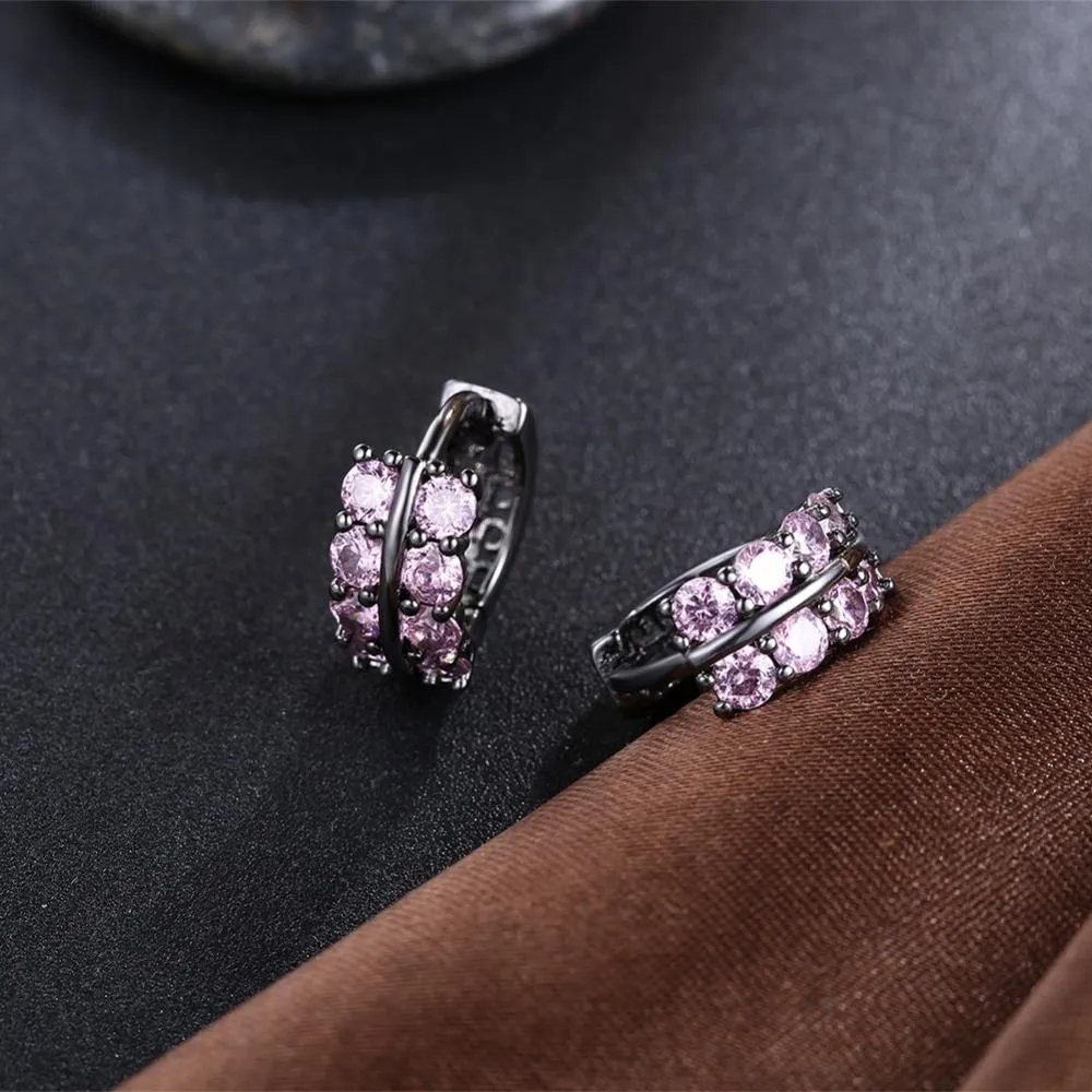 Fashion Double Row Black Gun Color Hoop Earrings with Pink Cubic Zirconia for Women, Party Gift Accessorise for Her