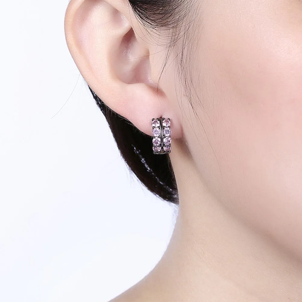 Fashion Double Row Black Gun Color Hoop Earrings with Pink Cubic Zirconia for Women, Party Gift Accessorise for Her