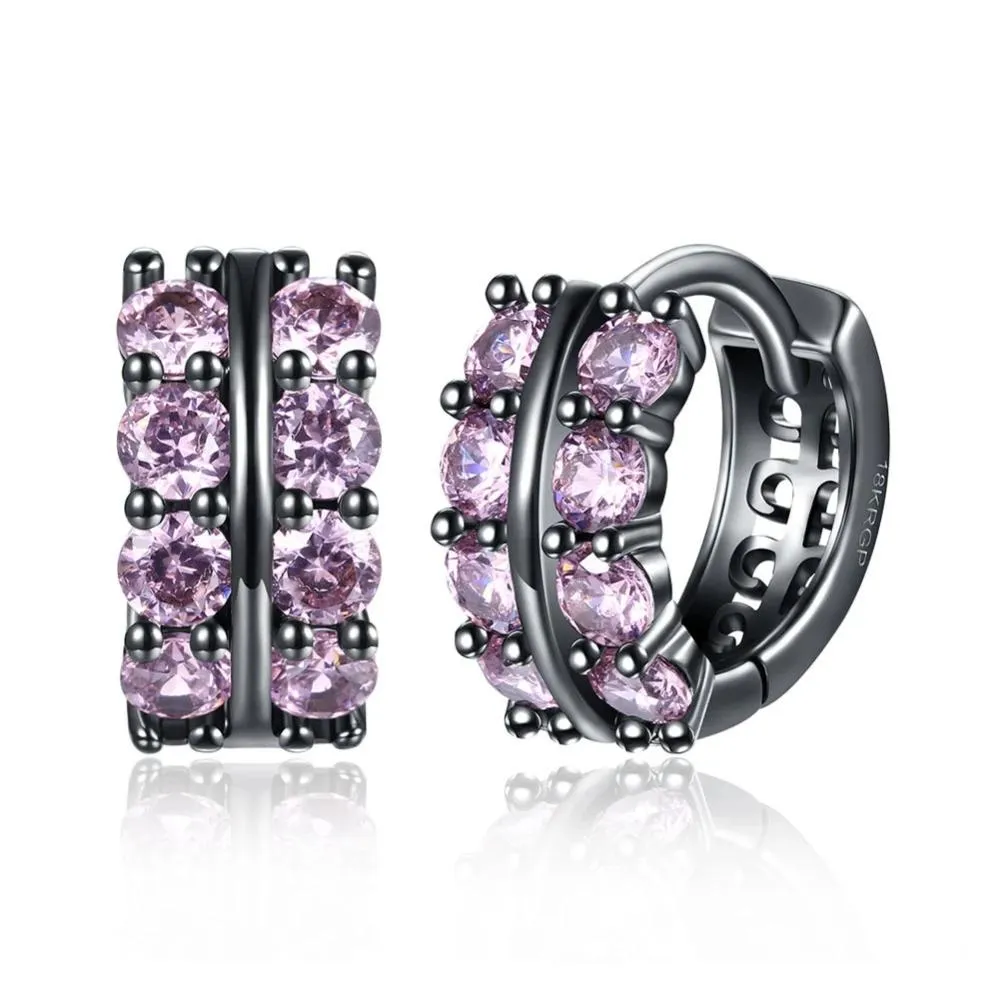 Fashion Double Row Black Gun Color Hoop Earrings with Pink Cubic Zirconia for Women, Party Gift Accessorise for Her