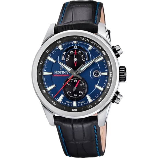 Festina Timeless Chronograph Gents Blue Dial Black Leather Strap Watch
