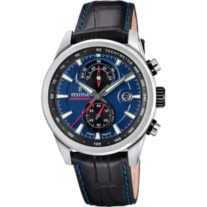 Festina Timeless Chronograph Gents Blue Dial Black Leather Strap Watch