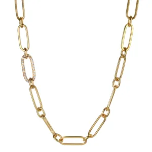 Flattened Paperclip Link Necklace with Pave Diamond Link