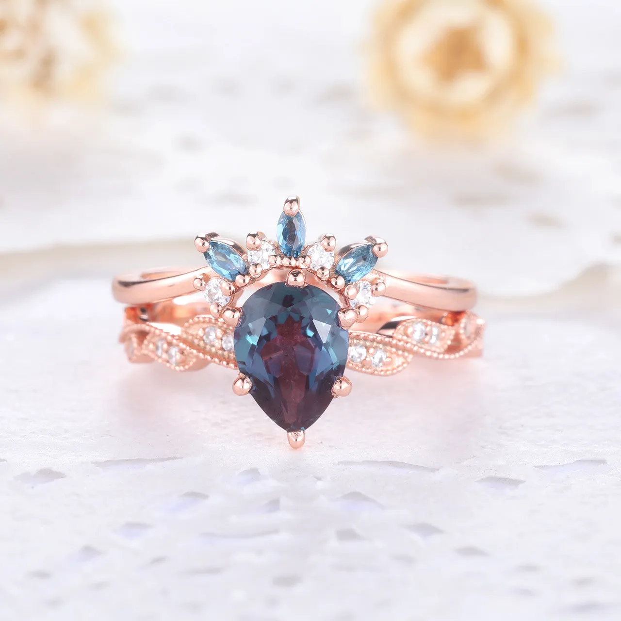 Floral Alexandrite Diamond Engagement Rings Rose Gold Wedding Set Color Chaning Stone