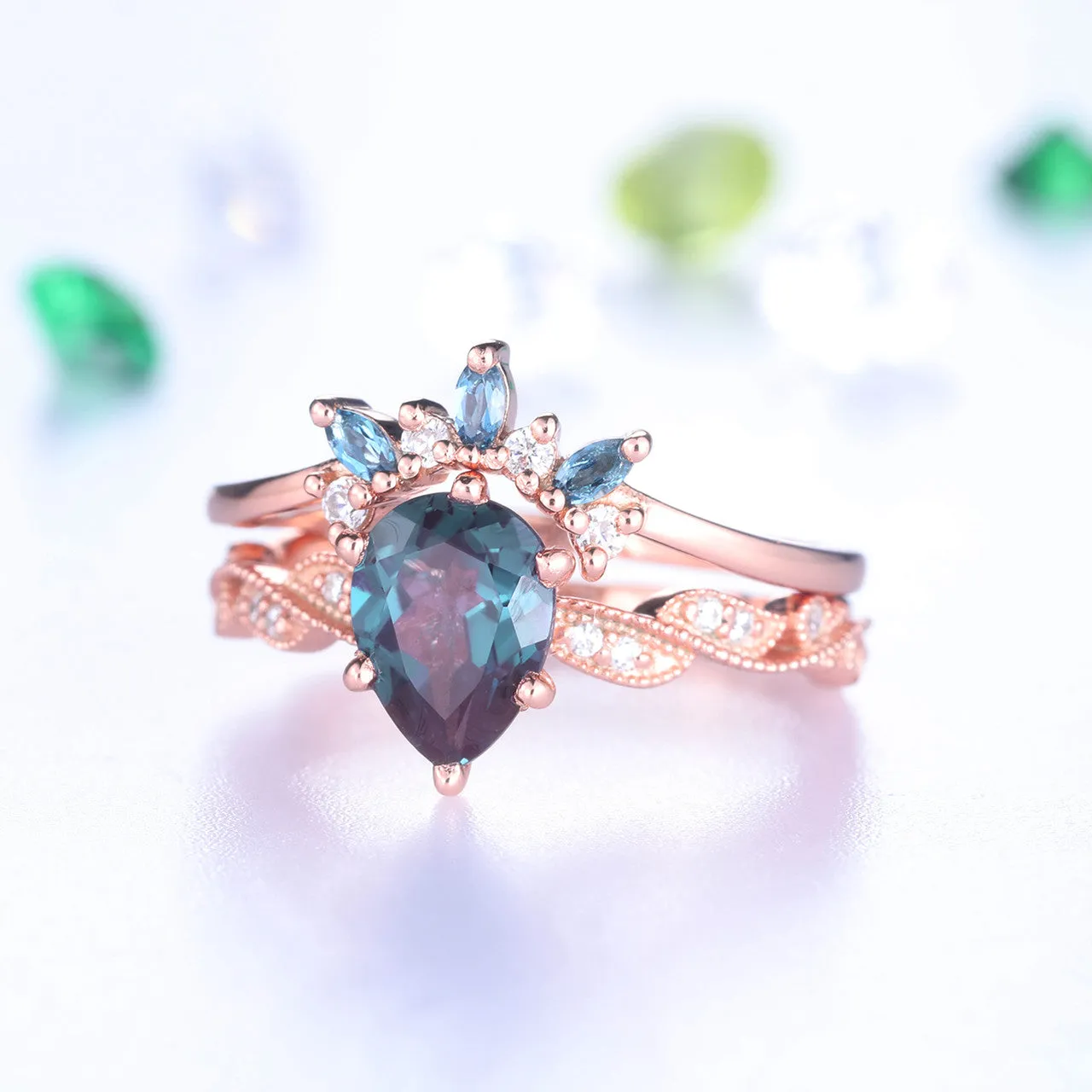 Floral Alexandrite Diamond Engagement Rings Rose Gold Wedding Set Color Chaning Stone