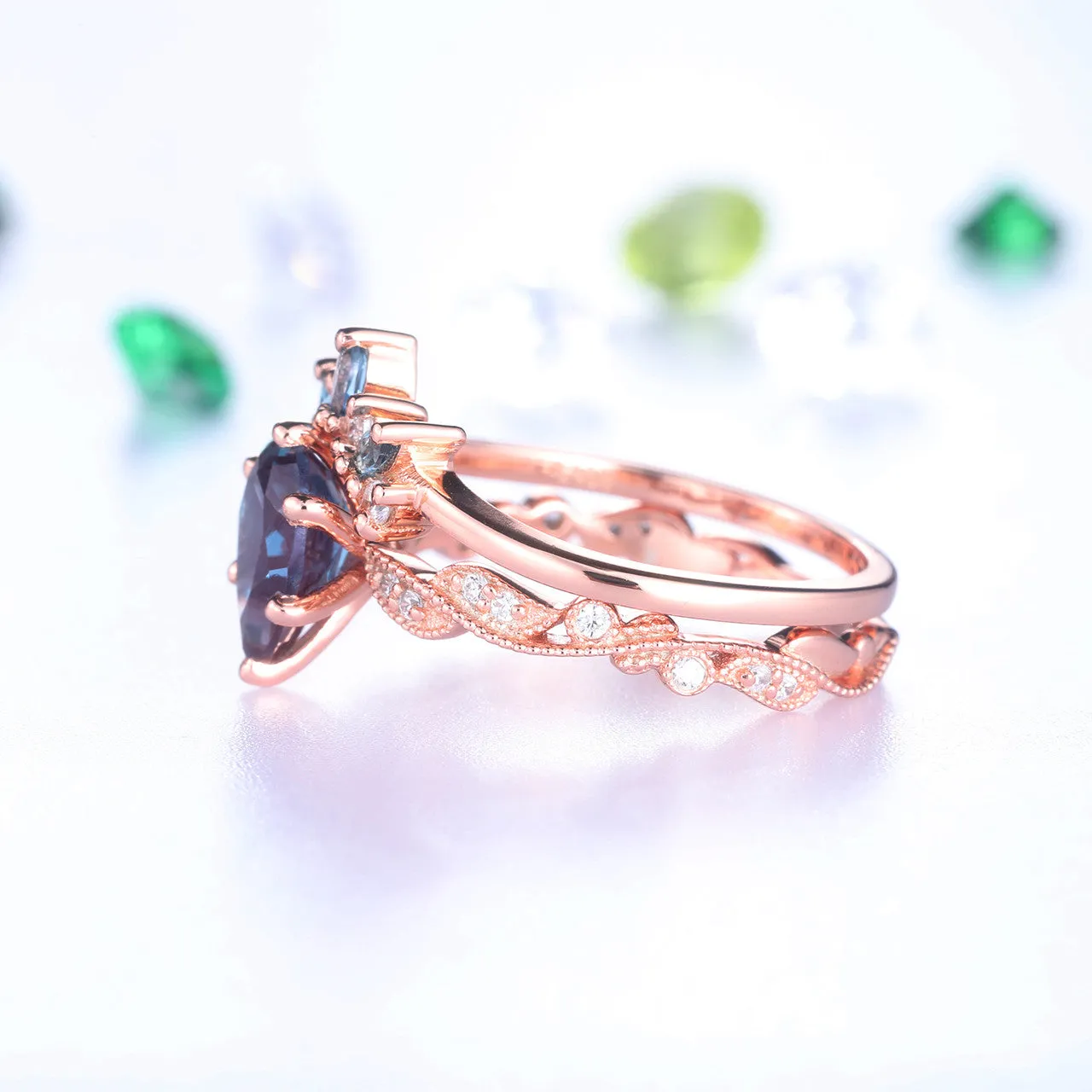 Floral Alexandrite Diamond Engagement Rings Rose Gold Wedding Set Color Chaning Stone